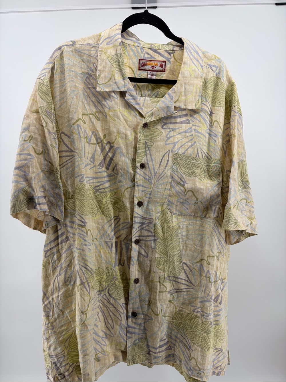 Caribbean Short Sleeve Hawaiian Shirt Leaf Pattern, 100% Linen, Men's Size XXL